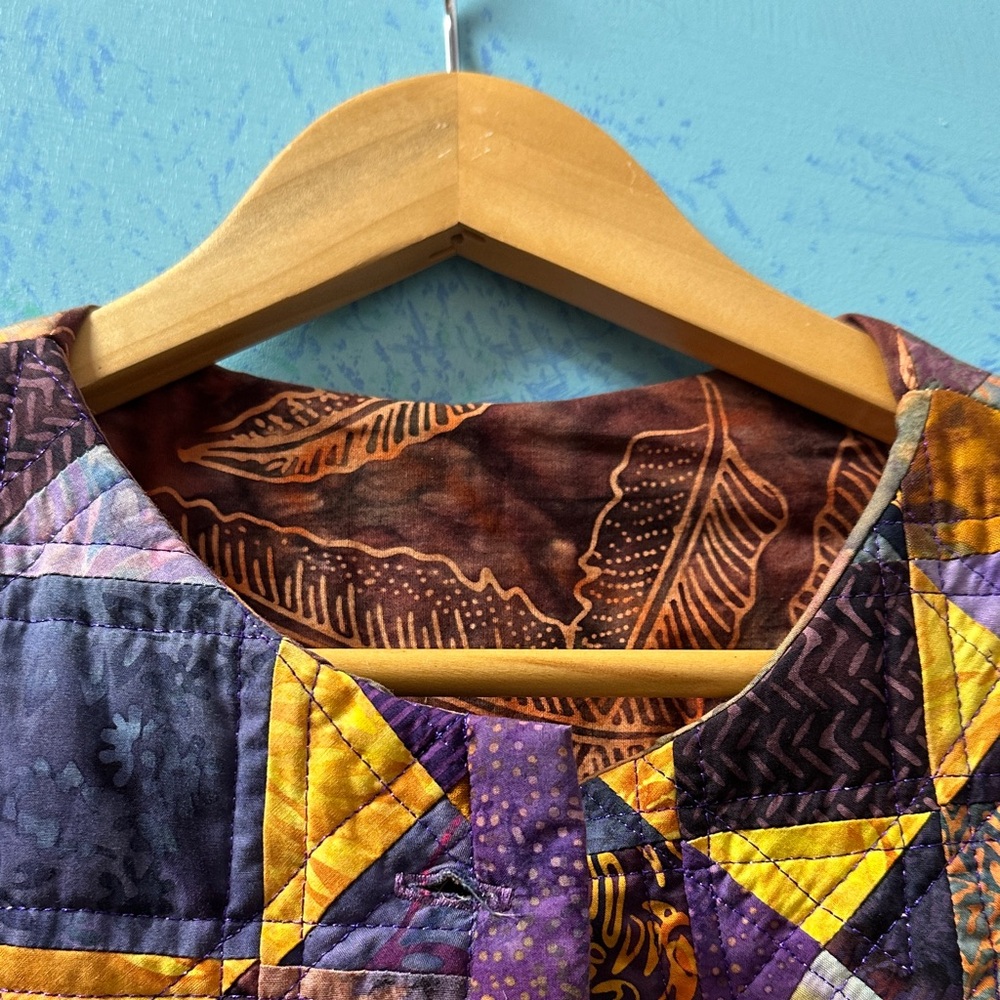Vibrant Quilted Patchwork Button Down Vest- Purpl… - image 4